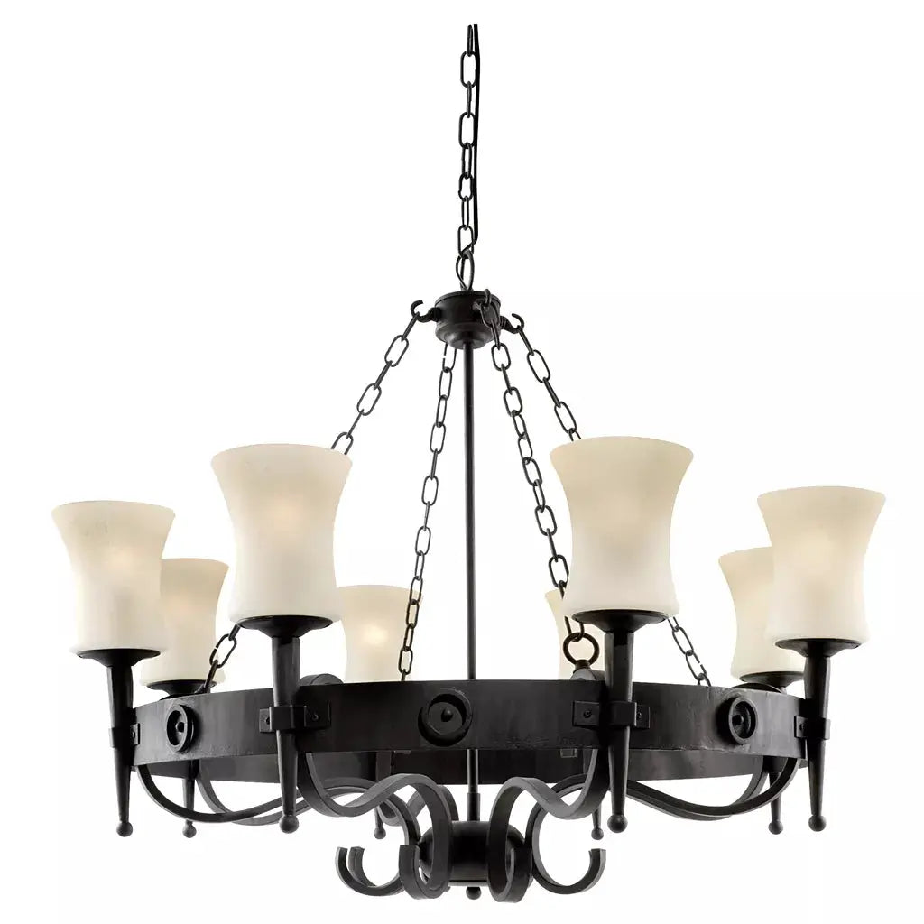 Searchlight Pendant Lights Cartwheel 8Lt Pendant - Black Metal & Sanded Glass - Searchlight Pendant Lights Cartwheel 8Lt Pendant - Black Metal & Sanded Glass