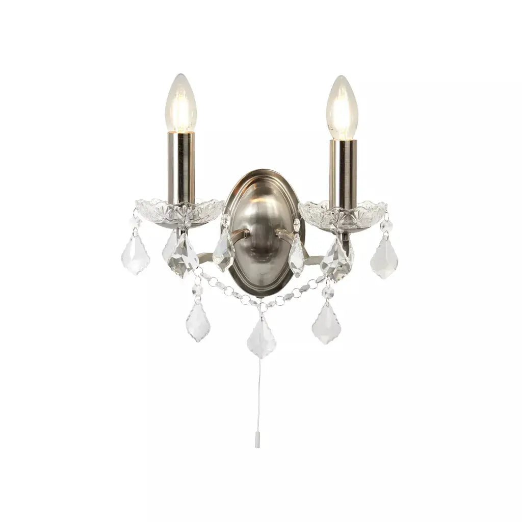 searchlight wall lights Paris 2Lt Wall Light -Satin Silver & Clear Crystal Drops - searchlight wall lights Paris 2Lt Wall Light -Satin Silver & Clear Crystal Drops