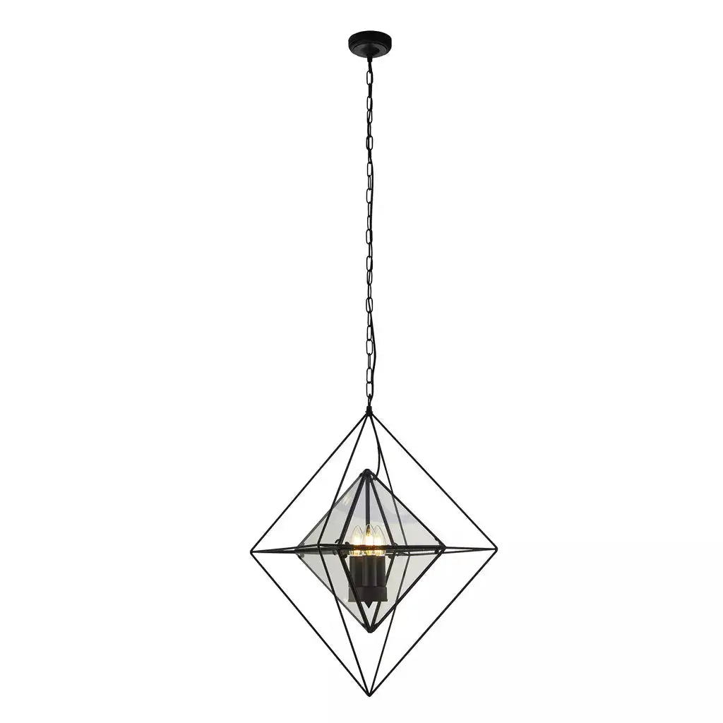 Searchlight Pendant Lights Diamond 3Lt Pendant - Black Metal & Clear Glass - Searchlight Pendant Lights Diamond 3Lt Pendant - Black Metal & Clear Glass