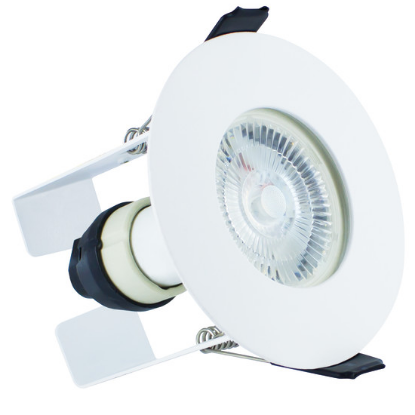 White fire-rated IP65 downlight with GU10 holder and insulation guard for ceilings