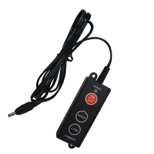 LED dimmer switch with on/off, high, and low buttons, black wired controller