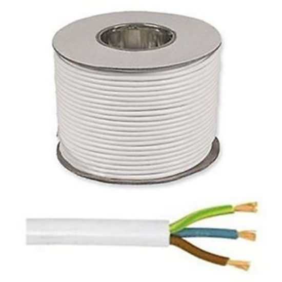 White three core PVC flexible electrical cable roll with exposed wires, 100m length.