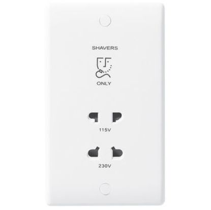 White dual voltage shaver socket with 115V and 230V outlets, wall mounted.