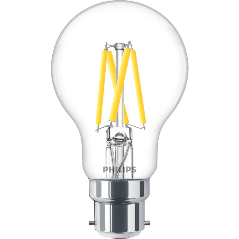Clear LED filament bulb with B22 bayonet cap, classic A60 shape, for indoor lighting