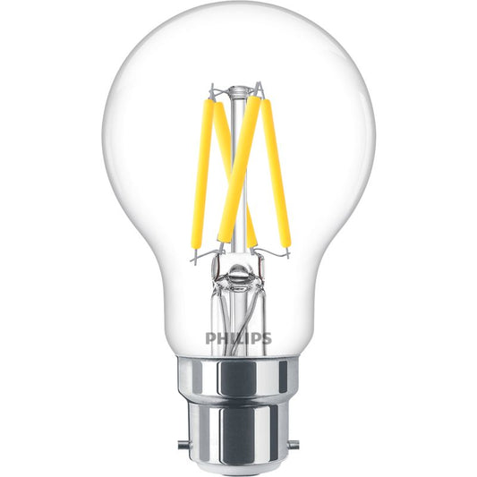 Clear LED filament bulb with B22 bayonet cap, classic A60 shape, for indoor lighting