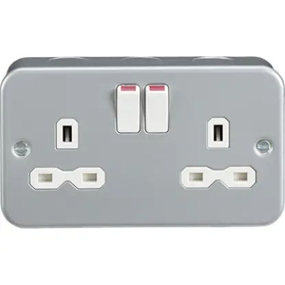Metal clad 13A 2 gang double pole switched socket with silver finish for UK wiring