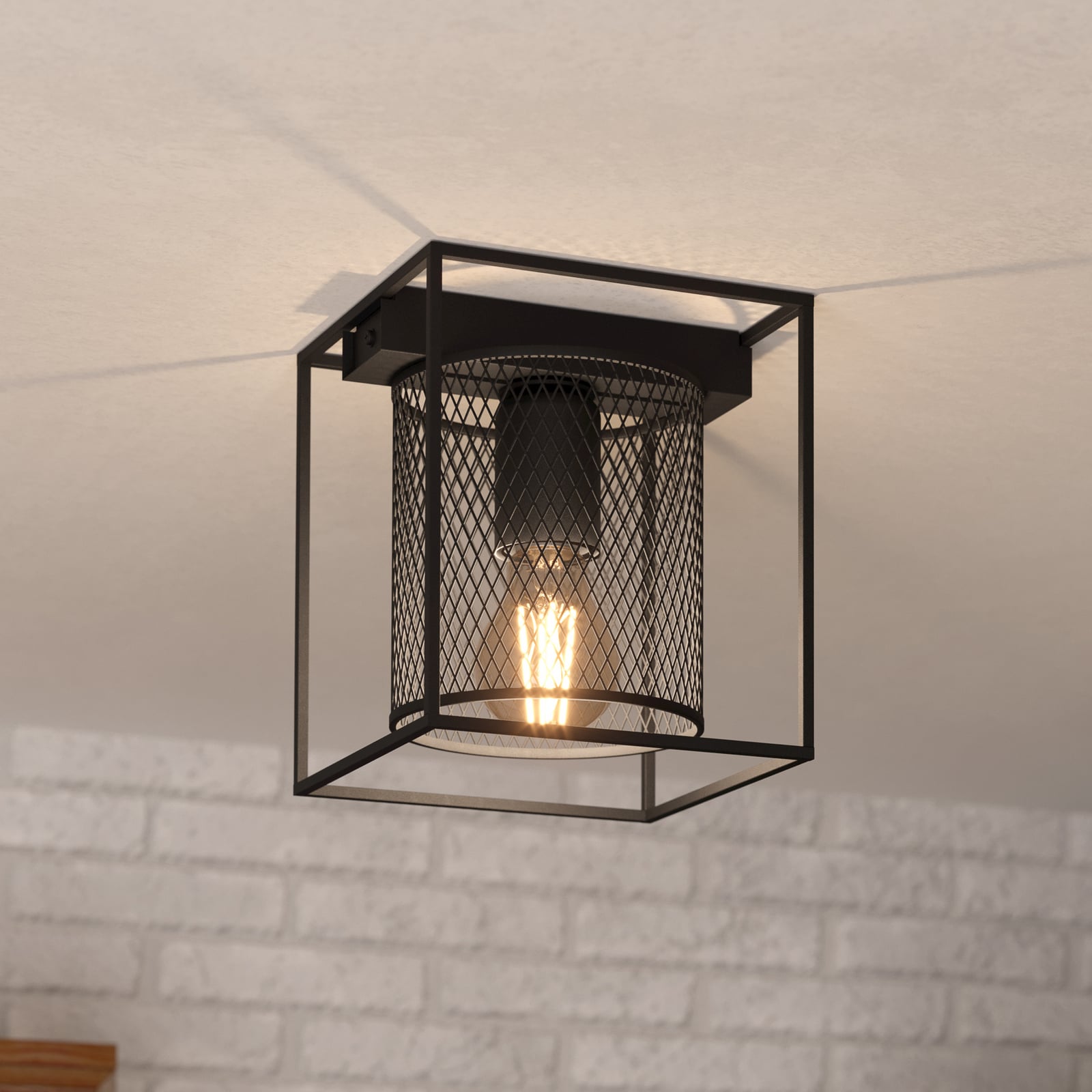 Catterick ceiling light, black, cage lampshade
