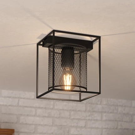 Catterick ceiling light, black, cage lampshade