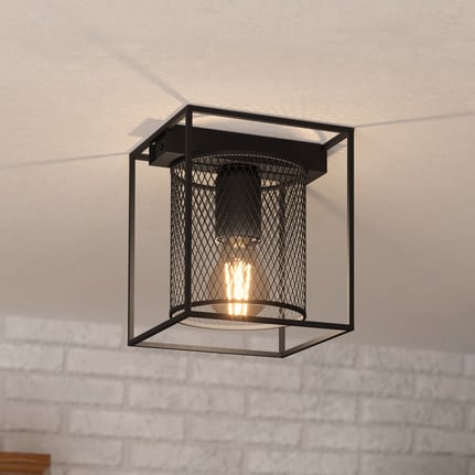 Catterick ceiling light, black, cage lampshade