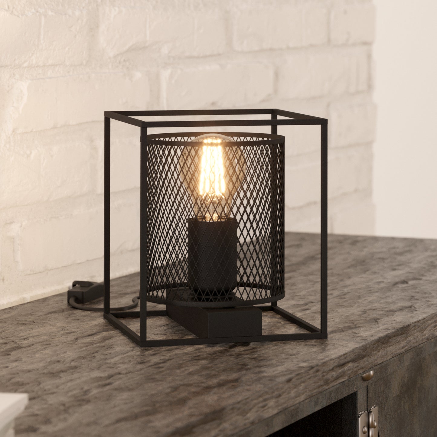 Catterick table lamp, black, cage lampshade