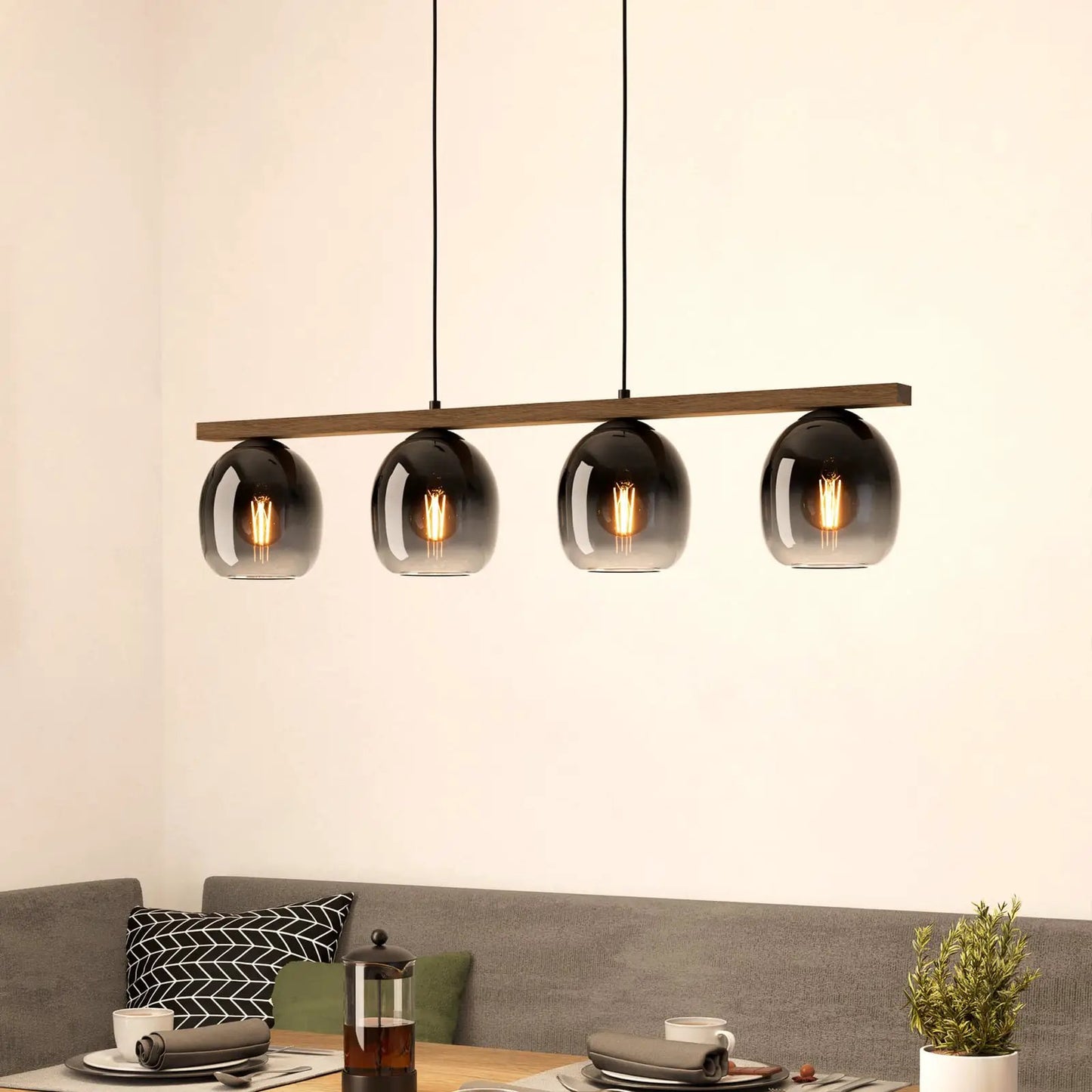 Filago pendant light, four smoked glass lampshades