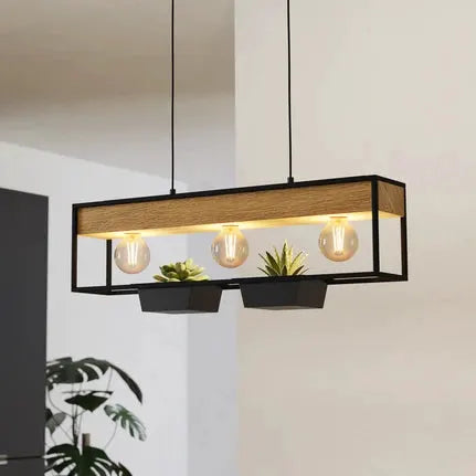 Hanging light Libertad 1, length 76 cm, black/wood, 3-bulb.