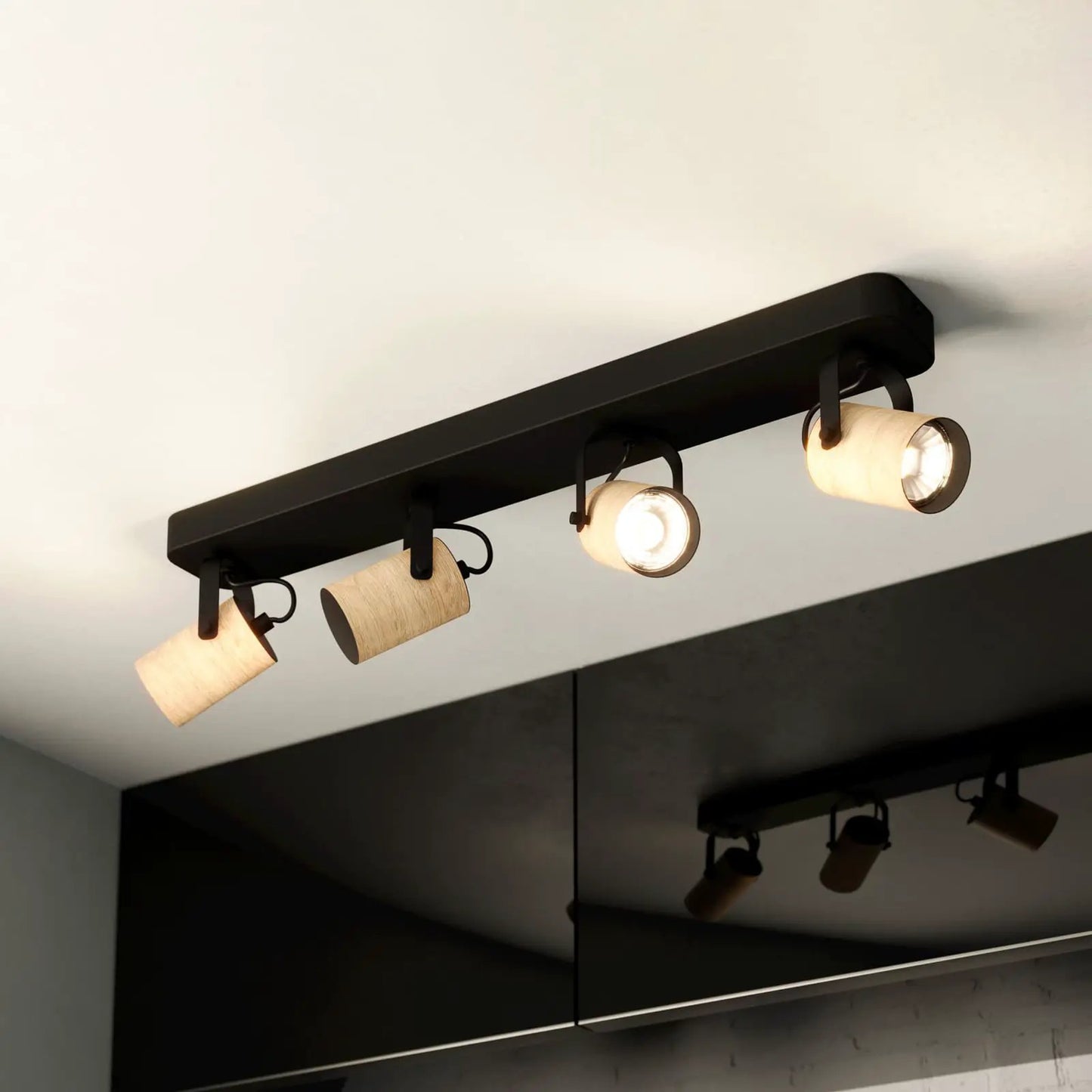 Cayuca downlight, black/wood decor, 4-bulb