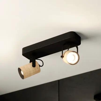 Cayuca downlight, black/wood decor, 2-bulb