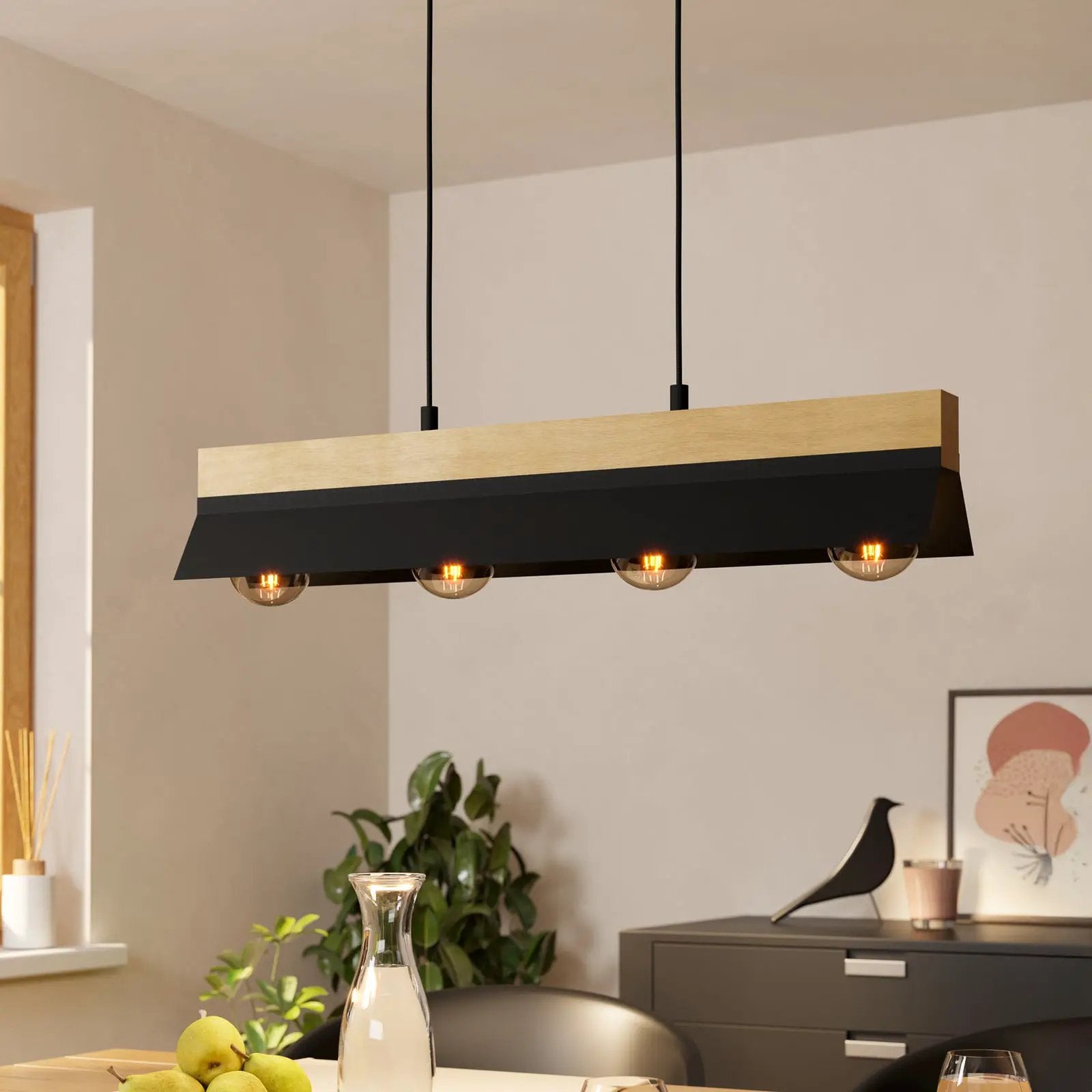 Tarrafo hanging light black, wood Natur, 4-bulb