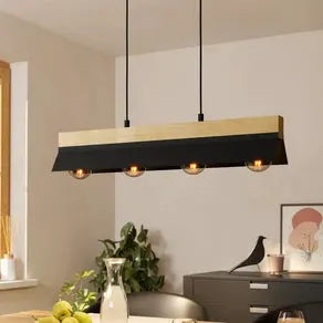 Tarrafo hanging light black, wood Natur, 4-bulb