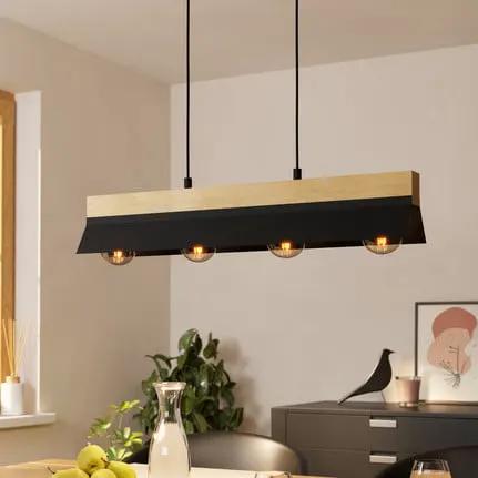 Tarrafo hanging light black, wood Natur, 4-bulb