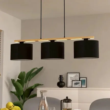 Castralvo hanging light, length 97.5 cm, black, 3-bulb, fabric