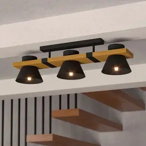 Maccles ceiling light in black with wood, 3-bulb