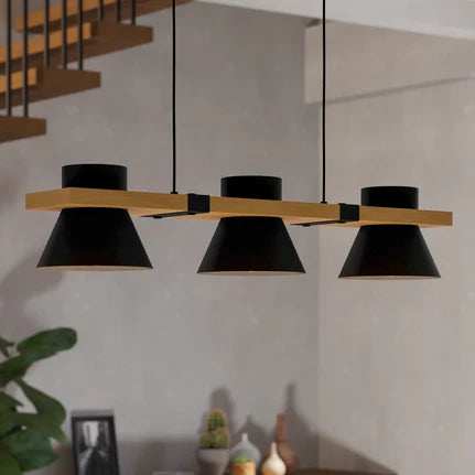 Maccles pendant light in black with wood, 3-bulb
