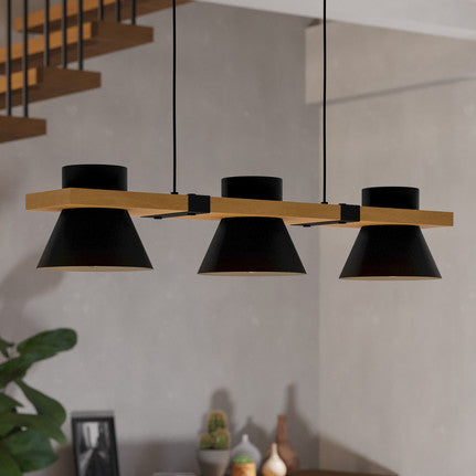 Maccles pendant light in black with wood, 3-bulb