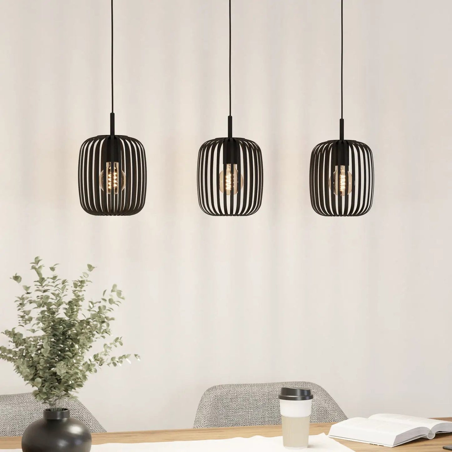 Romazzina pendant light, black, length 90 cm, 3-bulb, metal