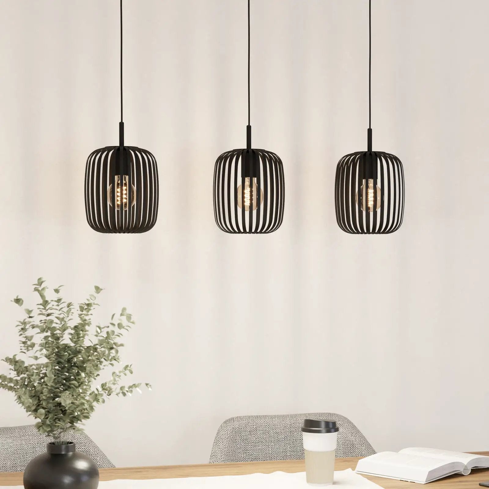 Romazzina pendant light, black, length 90 cm, 3-bulb, metal