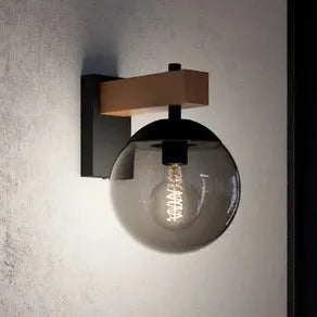 Bufalata outdoor wall light, black/wood/smoke grey
