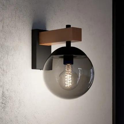 Bufalata outdoor wall light, black/wood/smoke grey