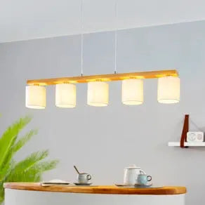 Castralvo hanging light, length 115 cm, wood/white, 5-bulb, fabric