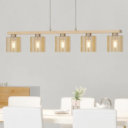 Castralvo hanging light, length 115 cm, wood/amber, 5-bulb, glass