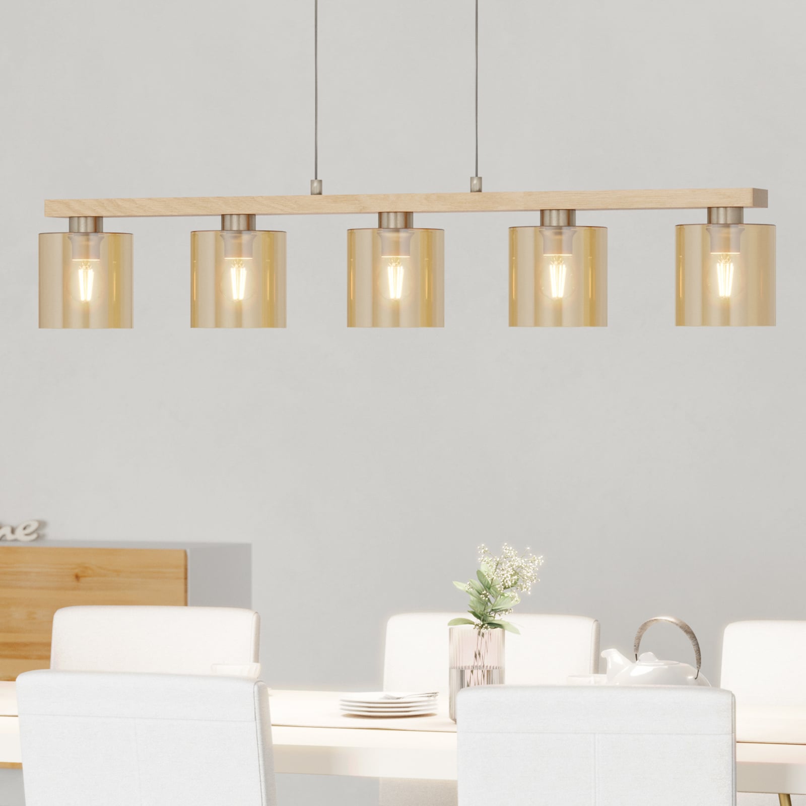 Castralvo hanging light, length 115 cm, wood/amber, 5-bulb, glass