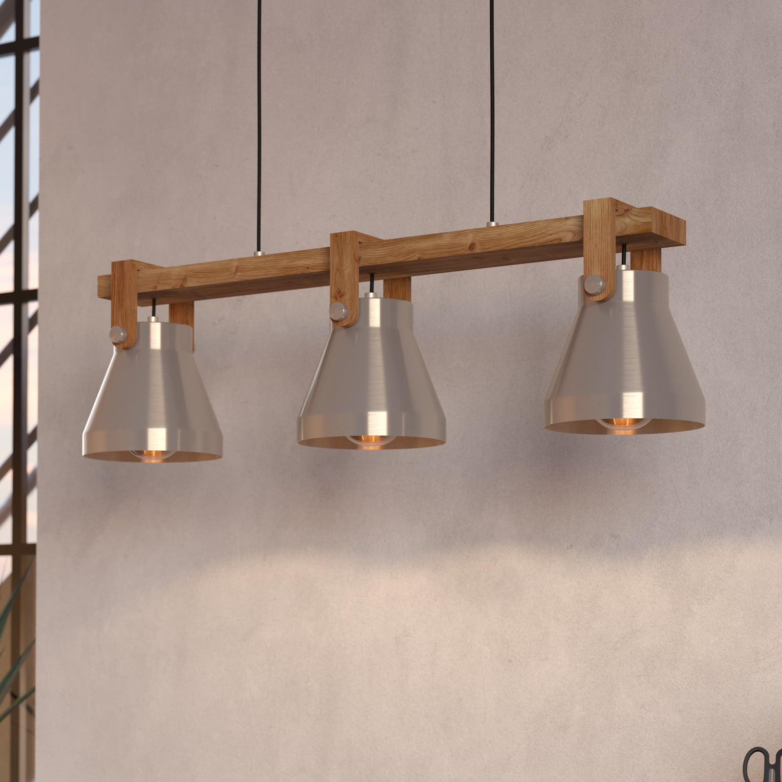 Cawton hanging light, length 76 cm, steel/brown, 3-bulb, steel