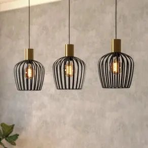 Empoli pendant light, black/brass-coloured, 3-bulb.