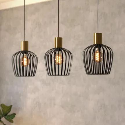 Empoli pendant light, black/brass-coloured, 3-bulb.