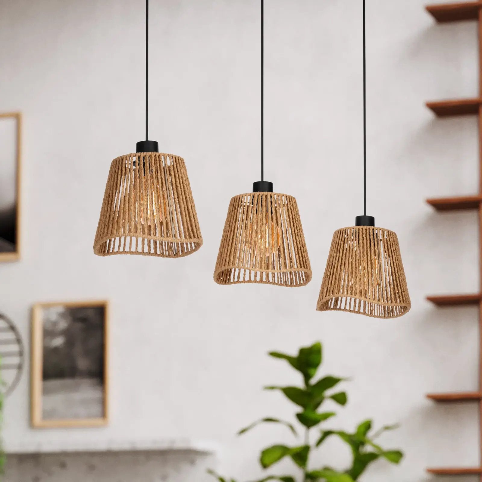 Lavister pendant light, black/natural, 3-bulb, paper