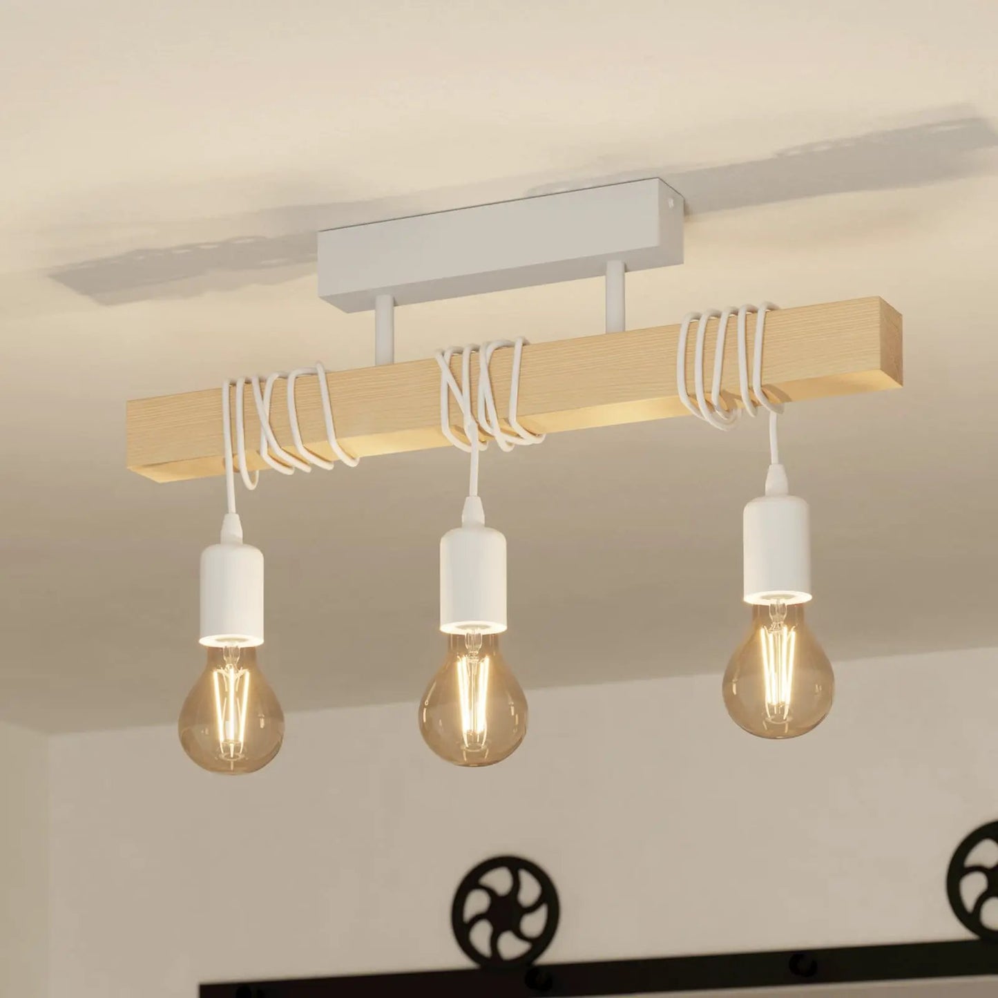 Townshend ceiling light, length 55 cm, white/oak, 3-bulb.