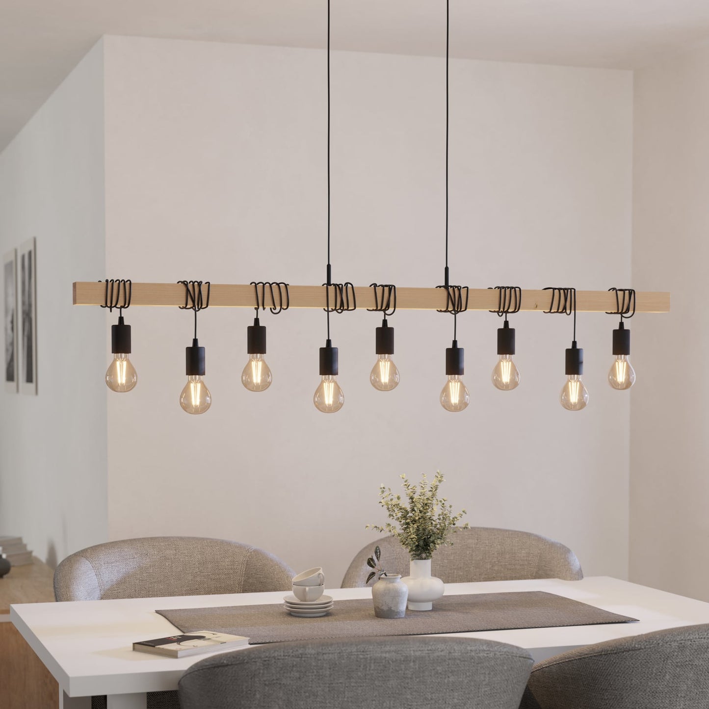 Townshend pendant light, length 150 cm, black/wood, 9-bulb.