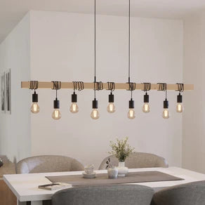 Townshend pendant light, length 150 cm, black/wood, 9-bulb.