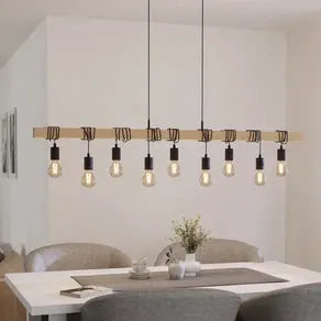 Townshend pendant light, length 150 cm, black/wood, 9-bulb.
