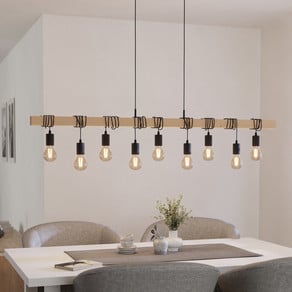 Townshend pendant light, length 150 cm, black/wood, 9-bulb.