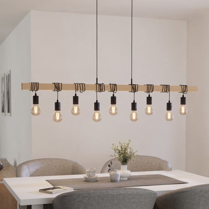 Townshend pendant light, length 150 cm, black/wood, 9-bulb.