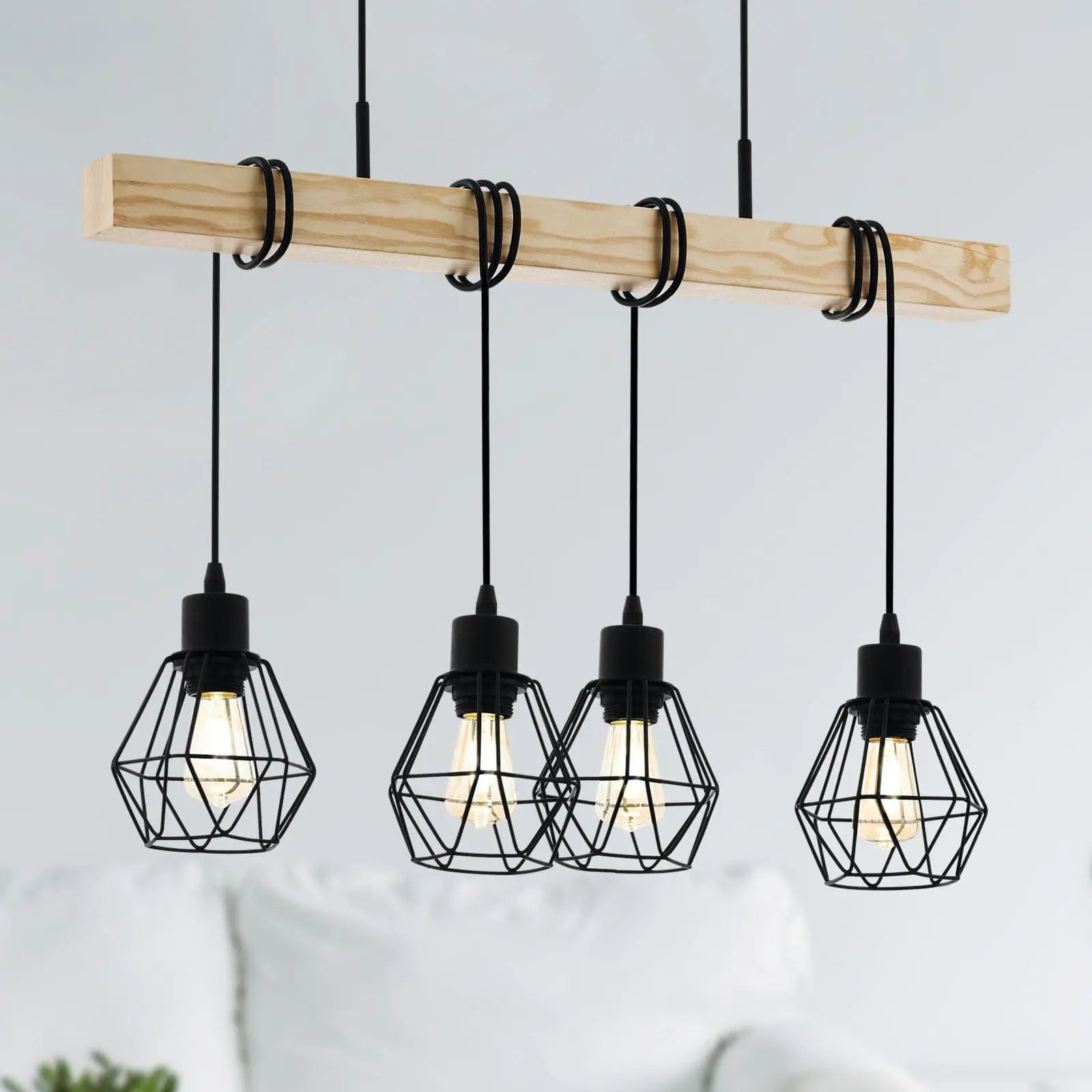 Townshend pendant light, length 70 cm, black/oak, 4-bulb.
