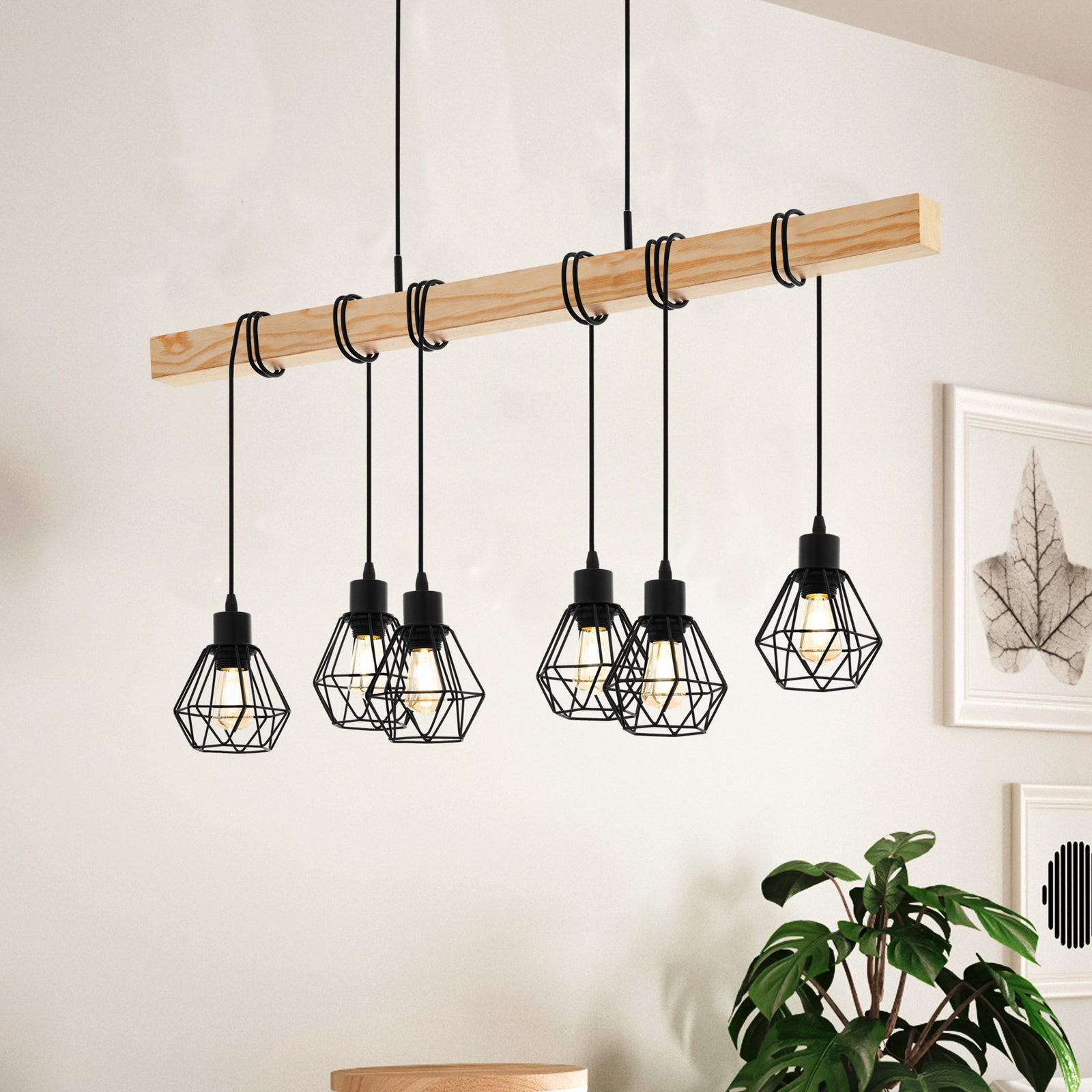 Townshend pendant light, length 100 cm, black/oak, 6-bulb.