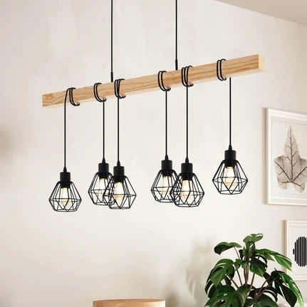 Townshend pendant light, length 100 cm, black/oak, 6-bulb.