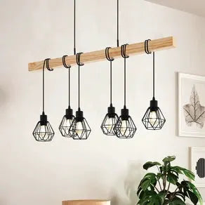 Townshend pendant light, length 100 cm, black/oak, 6-bulb.