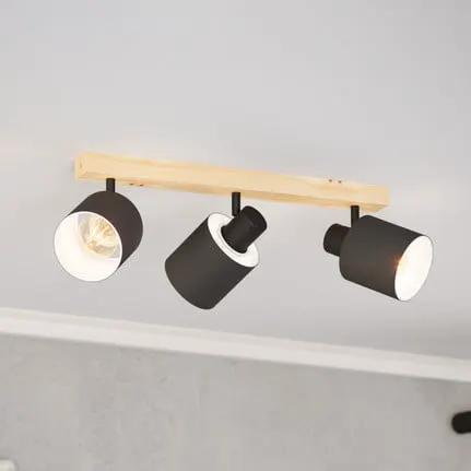 Batallas downlight, length 48 cm, black/wood, 3-bulb.