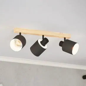 Batallas downlight, length 48 cm, black/wood, 3-bulb.