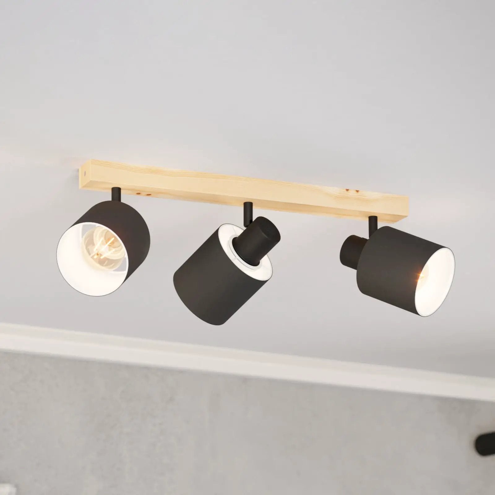 Batallas downlight, length 48 cm, black/wood, 3-bulb.