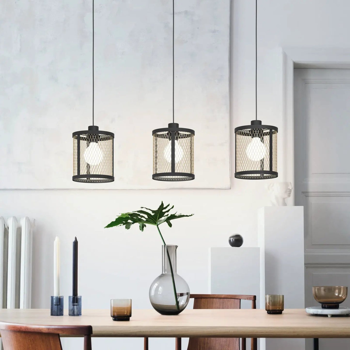 Hanging light Dellow, length 88 cm, black/brass-coloured, 3-bulb